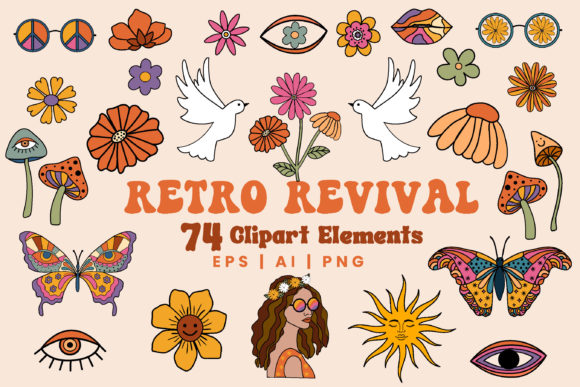 70s Retro Floral Clipart Set-PNG EPS